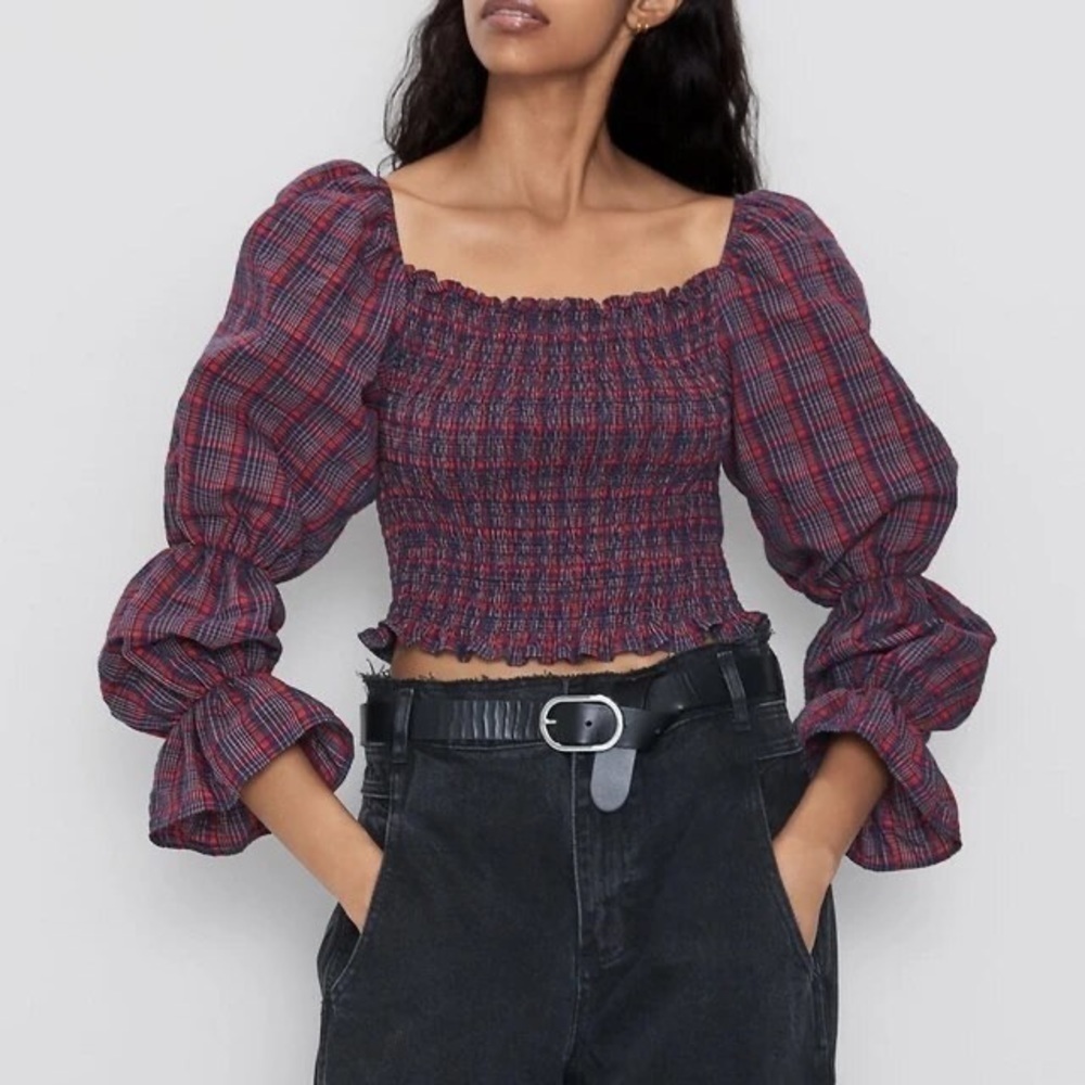 ZARA Plaid Cropped Grunge Punk Long Sleeve Blouse Top